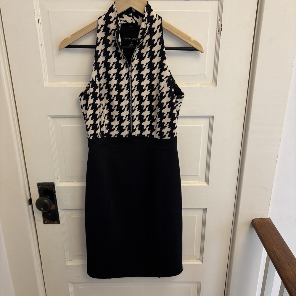 Cynthia Rowley Women's Black Ivory Houndstooth Halter‎ Dress Zip Up Stretch Sz 6